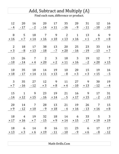 The Adding, Subtracting and Multiplying with Facts From 1 to 20 (A) math worksheet from the Mixed Operations Worksheet page at Math-Drills.com. Multiplication And Division Worksheets, Basic Multiplication, Multiplication And Division Practice, Math Fact Worksheets, Math Addition Worksheets, Free Printable Math Worksheets, Math Subtraction, Division Facts, Addition And Subtraction Worksheets