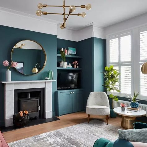 Feng Shui Bagua Colors: 5 Focus Areas for a Balanced Home - Holistic Home Teal Walls Living Room, Dark Teal Living Room, Teal Living Rooms, Feature Wall Living Room, Teal Walls, Cosy Living Room, Transitional Living Rooms, Blue Living Room, Wallpaper Living Room