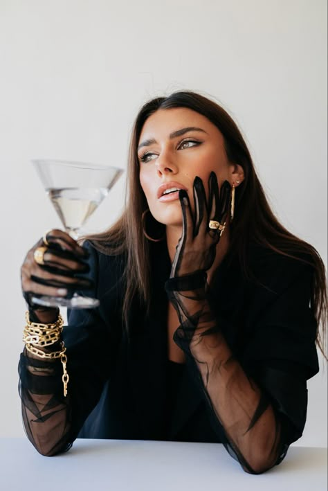 Gloves martini glass studio photoshoot inspo Gloves Photoshoot Ideas, Jewelry Over Gloves, Holding Martini Glass Pose, Espresso Martini Photoshoot, Martini Glass Photoshoot, Studio Branding Photography, Photoshoot With Wine, Martini Photoshoot, Wine Photoshoot Ideas