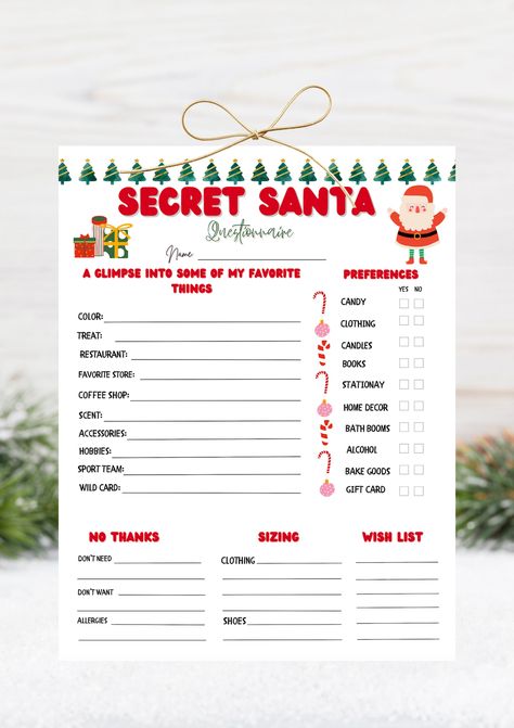 Secret Santa Questionnaire For Family, Make Christmas Magical, Teacher Questionnaire, Secret Santa Questionnaire, Secret Santa Christmas Gifts, Fun Christmas Games, Christmas Game, Spirit Week, Fun Christmas