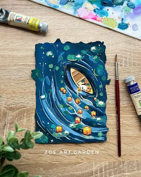 Gouache Art On Canvas, Gouache Night Sky, Simple Gouache, Lantern Aesthetic, Lantern Illustration, Traditional Illustration, Lantern Painting, Zoe Lee, Floating Lanterns