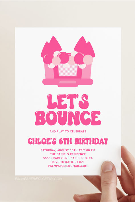 Bounce House birthday ideas for girl. These bounce castle invitations are perfect for any age! Bounce House Birthday Party Ideas, House Birthday Party Ideas, Princess Bounce House, Bounce House Birthday Party, House Birthday Party, Bounce Castle, Bounce House Birthday, Jumping Castle, Birthday Party Invitation Templates