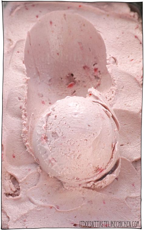 The Best Vegan Strawberry Ice Cream recipe is easy to make and tastes like fresh strawberries. No coconut and no bananas were used. Just 5 simple ingredients, cashews, your favorite plant-based milk, fresh or frozen strawberries, sugar, and vanilla. You can use an ice cream maker if you have one or use my no-maker technique. #itdoesnttastelikechicken #veganrecipes Vegan Almond Milk Ice Cream, Vegan Coconut Milk Ice Cream, Homemade Strawberry Ice Cream No Eggs, Cashew Milk Ice Cream, Vegan Strawberry Ice Cream, Vegan Strawberry Ice Cream Coconut Milk, Fruity Ice Cream, Strawberry Nice Cream, Cashew Ice Cream