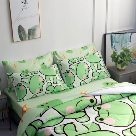 PRICES MAY VARY. 【WHAT IN THE PACKAGE】7 Piece Queen Frog Comforter Set includes: 1 Comforter (90"x90"), 4 Standard Pillowcase (20"x 26") , 1 Flat Sheet (90" x 102"), 1 Fitted Sheet (80" x 60", Fits mattresses up to 14" deep with elastic all around the fitted sheet). Please allow 5cm/2" actual product error 【PREMIUM QUALITY FABRIC】This soft frog comforter set made of Soft microfiber breathable fabric, 100% polyester, very soft and comfortable. Cartoon Queen bed set is super soft and great for all Frog Bedroom, Cartoon Queen, Dinosaur Bedding, Unique Comforters, Queen Bedding Sets, White Room, Sheet Sets Queen, Bed Set, Queen Bed