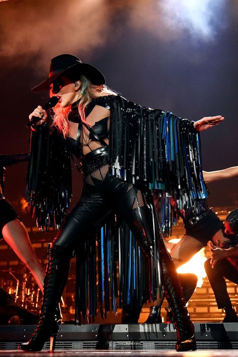 Lady Gaga's 'Joanne' Tour Costumes Include Swarovski Crystals, Leather Fringe, and Cowboy Hats - HarpersBAZAAR.com Lady Gaga Tour, Lady Gaga Looks, Joanne Lady Gaga, Tour Costumes, Sin City 2, Lady Gaga Concert, Lady Gaga Outfits, Lady Gaga Joanne, Lady Gaga Fashion