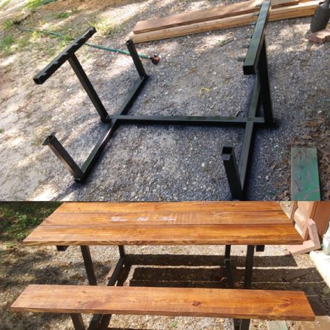 Square tube framed picnic table Welded Bench Ideas, Square Tubing Projects, Metal Swinging Picnic Table, Bench Turns Into Picnic Table, Welding Projects Picnic Table, Steel Picnic Table, Steel Frame Picnic Table, Metal Picnic Table, Meja Outdoor