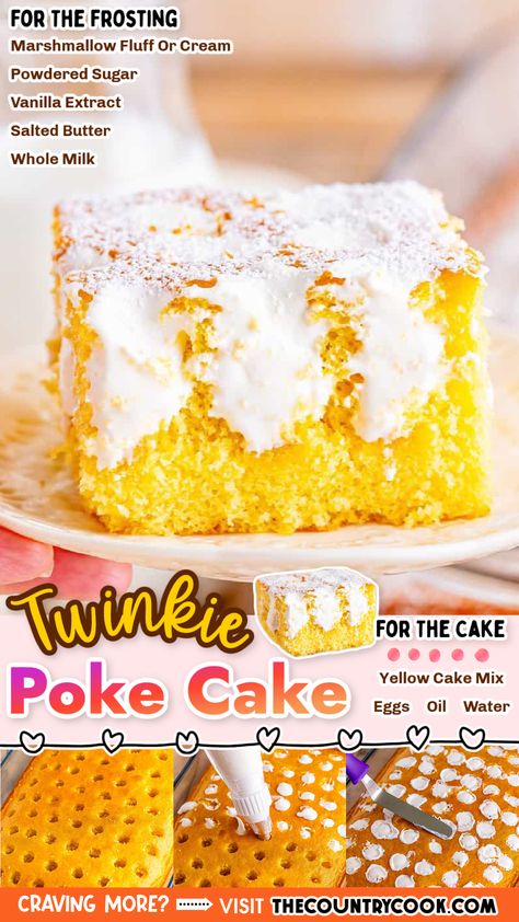 Twinkie Poke Cake is a yellow cake poked with marshmallow frosting then dusted with powdered sugar. It looks and tastes just like a Twinkie (but better!) Twinkie Poke Cake Recipe, Twinkie Poke Cake, Twinky Cake Recipe, Twinkie Bundt Cake, Yellow Cake Poke Cake Recipes, Diy Twinkies, Yellow Poke Cake, Twinkie Filling Recipe, Poke Cakes Recipes