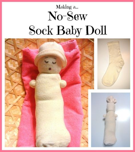 This is a guide about making a no sew sock baby doll. This cute craft makes a little baby doll from a sock and doesn't require any sewing. Sock Diy, Cute Craft, Sock Doll, Sock Dolls, Sock Toys, Diy Socks, Sock Crafts, Doll Diy, Sewing Stuffed Animals