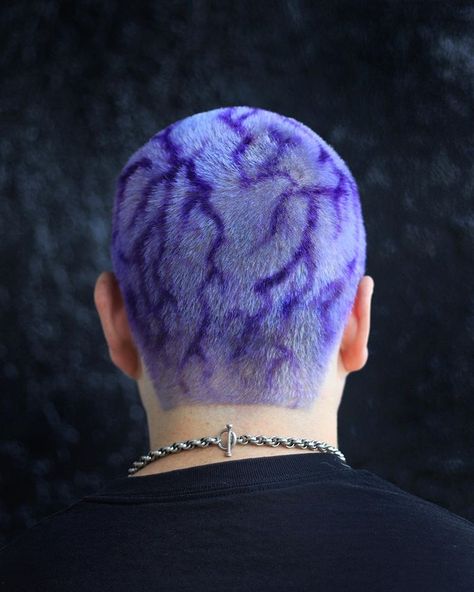 Thunder & Lightening! @cybershanedot 🔮 — #shavedhead #buzzcut #pulpriot #pulpriothair #headpainting #hairart #buzzcutcolor #purplehair Lightning Hair Design, Buzzed Head Design Men, Purple Buzzcut Men, Shaved Head Flames, Shaved Head Bleach Designs, Buzz Head Design, Hair Color Designs Men, Buzz Cut Designs Men, Buzz Cut Design Men