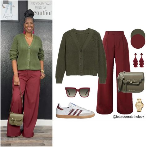 Burgundy x Green - 4 Outfit Ideas 🍷🌲 Burgundy is one of the IT colors for fall! It’s one of my favorite colors for fall as well. Today I will be sharing some of my favorite colors to pair burgundy. First up is shades of green. Here are four different shades of green to try pairing with burgundy. Save this post for style inspo and look in your closet to see if you have any of these colors and try pairing them together to maximize your wardrobe! Which shade of green is your favorite to pair w... Maroon Monochromatic Outfit, Burgundy Pants Outfit Work, Maroon Outfit Ideas, Burgundy Outfit Ideas, Maroon Pants Outfit, Hunter Green Pants, Olive Green Outfit, Pants Outfit Work, Green Pants Outfit