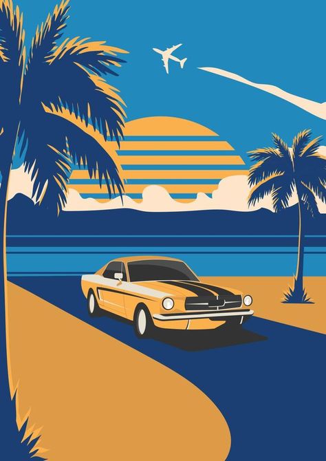 Retro Car Painting, Retro Car Poster, Easy Hair Drawings, Cars Mural, Trees And Sunset, Boho Drawing, Vintage Colours, Sun Painting, Car Vector