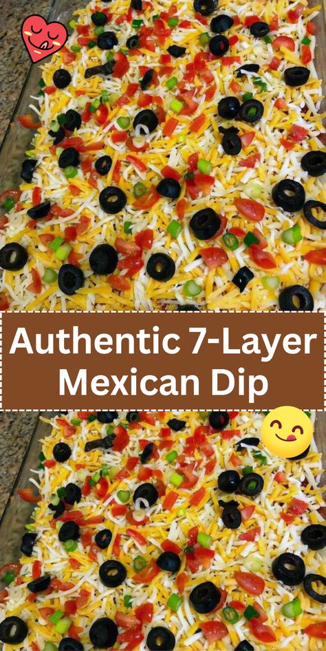 Impress your guests with Authentic 7-Layer Mexican Dip. Layers of refried beans, guacamole, salsa, cheese, and more, served with tortilla chips for a crowd-pleasing appetizer. Layered Taco Dip With Guacamole, Mexican Seven Layer Dip Recipes, Seven Layer Taco Dip Refried Beans, Seven Layer Mexican Dip, 7 Layer Bean Dip Easy, Layered Dips Recipes, 7 Layer Mexican Dip Recipe, Tortilla Chip Recipe Ideas, Mexican 7 Layer Dip Recipes