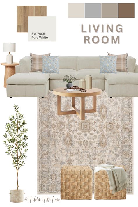 Living room decor mood board with warm neutral tones and a cream sectional sofa Beige Sectional Living Room, Cream Couch Living Room, Beige Couch Living Room, Beige Sofa Living Room, Sectional Living Room Decor, Chris Loves Julia X Loloi, Tan Living Room, Leather Couches Living Room, Beige Couch