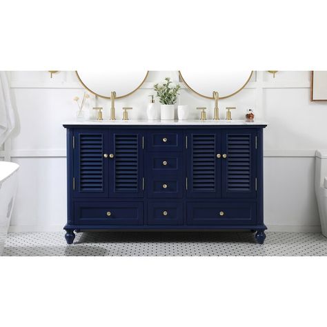 Rosecliff Heights Wilkins 60" Double Bathroom Vanity Set & Reviews | Wayfair Compact Vanity, Wall Mount Fans, Exterior Ceiling Fans, Blue Vanity, Mirror Backsplash, White Marble Countertops, Marble Countertop, Double Bathroom, Wood And Marble