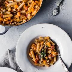 Rigatoni with Butternut Squash Ragu Recipe | Sur La Table Sur La Table Recipes, Seasonal Meals, Meatless Pasta, Risotto Dishes, Ragu Recipe, Quinoa Rice, Macaroni Pasta, Butternut Squash Recipes, Delicious Pasta