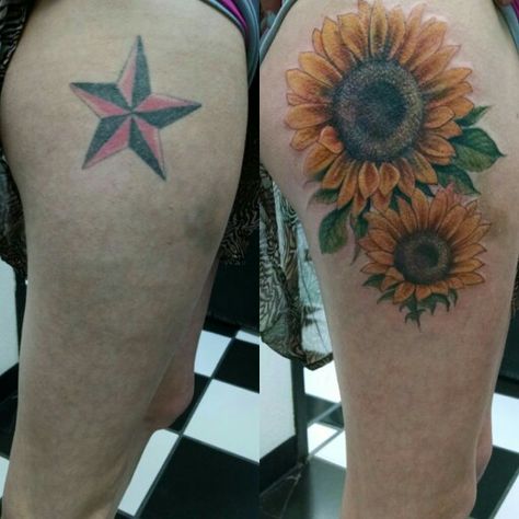 Sunflower hip tattoo cover up star coverup realistic sunflowers tattoo. Brittany Smith skinny boy tattoo Post Falls Idaho Nautical Star Cover Up Tattoo, Star Coverup Tattoo, Star Tattoo Cover Up Ideas, Star Tattoo Cover Up, Tiny Star Tattoo, Star Tattoos For Women, Jeffree Star Tattoos, Clouds And Stars Tattoo, 29 Tattoo