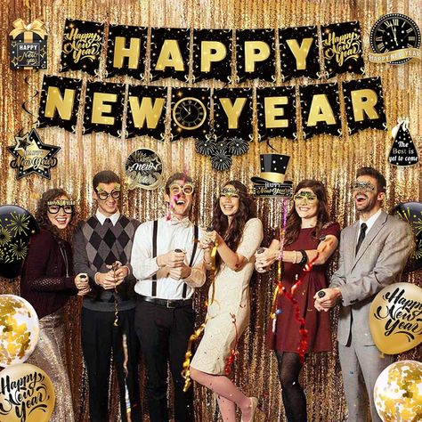 🌟[Happy New Year 2023!] - Throw a party to celebrate the upcoming 2023. Great value black gold New Year party decoration design with eye-catching bright patterns, vibrant colors and classic "Happy New Year" text, perfect for New Year celebration activity scenes, adding a festive atmosphere . ✨[New Year Party Decoration] - New Year decoration kit includes 1 gold-black "HAPPY NEW YEAR" banner, 1 set of New Year fashionable glasses photo props (6 pcs), 7 pcs Happy New Year swirl decorations, 18 latex balloons Includes pieces (12 inches, gold/black/confetti). A simple yet exquisite party decoration. 🌟[Easy to Assemble] - Happy New Year banner and hanging swirl decorations are made of high quality cardboard, durable and reusable. Happy New Year Banner and Swirl comes with tools and is easy to New Year Party Decoration, Happy New Year Party, Fashionable Glasses, Happy New Year Text, New Year Text, New Year's Party Decorations, Happy New Year Banner, New Year Decorations, Black Confetti