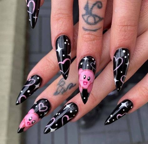 Short Nails Gothic Ideas, Pink Goth Nails, Cartoon Character Nails, 2023 Nails, Punk Nails, Gothic Nails, Anime Nails, Goth Nails, Grunge Nails