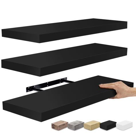 PRICES MAY VARY. 24 Inch Black Floating Shelves for Wall (Set of 3): Display charming showpieces, trophies, photo frames, decorative items, and other prized possessions while offering functional storage with the wooden floating shelves by Sorbus - Enhance home decor, bathroom decor, living room decor - Fill in empty wall space above a desk, fireplace, entryway, vanity, between windows - Each floating shelf measures approximately 23.75" L X 9.25" W Free Up Space in Your Home & Kitchen: Reduce clu Black And Gray Shelves, Wc Wall Shelf, Black Ikea Floating Shelves, Small Toilet Room Wall Shelves, Ikea Lack Wall Shelf With Mirror, Black Accent Wall Living Room Wall Shelves, Gray Bathroom With Floating Shelves, Black Floating Cube Shelves, Wainscoting Bathroom Wall Shelves