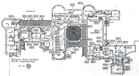 Plan for the second floor of Biltmore House. Estate House Plans, Biltmore Estate Interior, Biltmore House Interior, Color Bathroom Design, Vanderbilt Mansions, Luxury Bedrooms, Houses In America, Biltmore House, Estate Interior