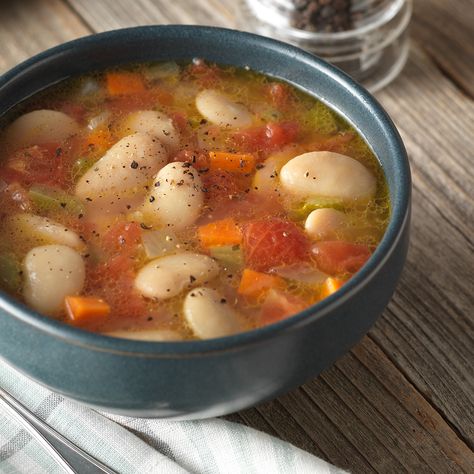 BUSH’S® BUTTER BEAN SOUP 1 can (16 oz) beans Carrots Cellery Onions can od diced tomatoes basil, salt, pepper 4 c Water white flour sauce                                                                                                                                                                                 More Soup Recipes Winter, Butter Bean Soup, Butter Beans Recipe, Recipes Winter, Basil Salt, Winter Products, Bean Soup Recipe, Bean Soup Recipes, Soup And Stew