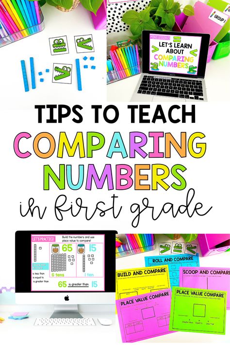 Comparing numbers first grade activities ideas anchor chart and games Comparing Numbers First Grade, Math Classroom Elementary, Grade 1 Lesson Plan, Guided Math Rotations, Spring Classroom Activities, Math Anchor Chart, 2023 Classroom, Math Classroom Posters, Greater Than Less Than