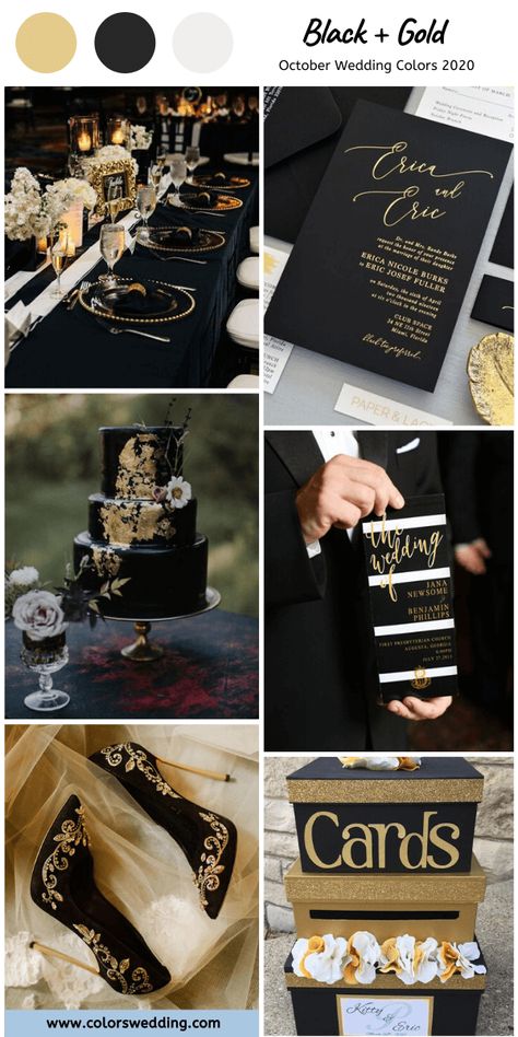 October Wedding Colors, Shoes Table, Black Wedding Cake, Fall Wedding Color Schemes, Wedding Color Combinations, Fall Wedding Color Palette, Black Gold Wedding, Wedding Color Combos, Black Wedding Cakes