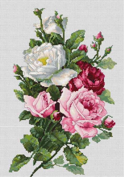 Floral Cross Stitch Pattern, Cross Stitch Pillow, Tapestry Kits, Pola Kristik, Cross Stitch Patterns Flowers, Diy Cross Stitch, Floral Cross Stitch, Cross Stitch Rose, Simple Cross Stitch