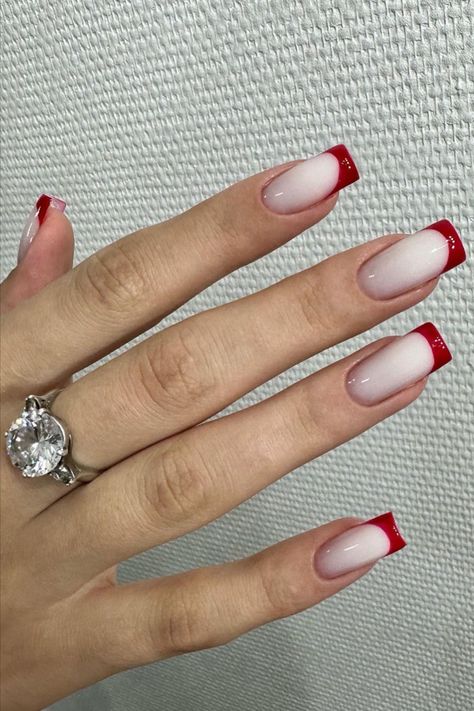 Red French Tip Nails White And Red Square Nails, Red Nails White French Tip, Milky Red Nails, Red Nail French, Red And White French Nails, Square Red French Tip Nails, Red And White French Tip Nails, Red French Tip Toes, Red Nails With Designs