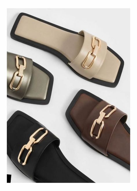 Chain-Link Strap Slides - Julia Avril Fancy Slippers, Charles Keith Shoes, Charles And Keith Shoes, Brown Slides, Padded Sandals, Fancy Sandals, Fancy Flats, Ladies Slippers, Woman Sandals