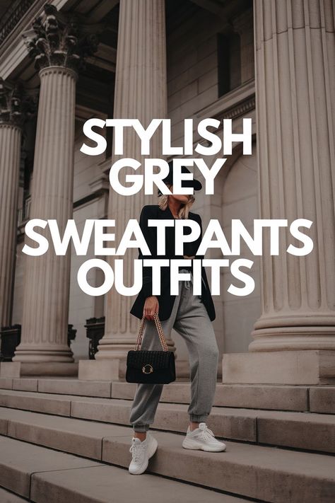 Must-Have Gray Sweatpants Outfits for Comfort and Style Outfits With Grey Sweatpants, Jogger Pants Outfit Women, Sweatpants Chic, Gray Sweatpants Outfit, Joggers Outfit Women, Grey Pants Outfit, Roots Sweatpants, Sweatpants Outfit Ideas, White Sneakers Outfit