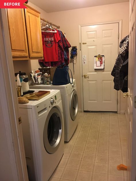 A space as utilitarian as a dual laundry room/entryway can certainly show its age over time. This one, in Angie Ellington’s home, hadn’t been updated since her house was built in the 1990s. The cabinets, builder-grade oak, were fine, but boring and a little small—they didn’t reach the ceiling but Angie says putting anything on top immediately made them seem cluttered. Ikea Shelf Hack, Recessed Shower Shelf, Ikea Shelf, Hidden Cabinet, Grey Floor Tiles, Laundry Room Sink, Laundry Room Renovation, How To Clean Silver, Bathroom Cleaning Hacks