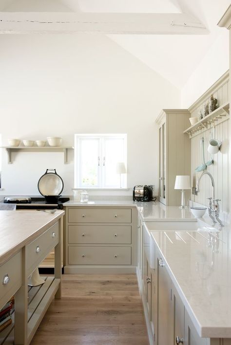 Silestone Lagoon quartz countertop in beautiful bespoke kitchen with custom Shaker cabinetry, tone on tone, and open shelving. Design by deVOL. Silestone Lagoon, Shaker Style Kitchen Cabinets, Greige Kitchen, Barn Kitchen, Devol Kitchens, Country Kitchen Designs, Shaker Style Kitchens, Bespoke Kitchen, English Kitchens