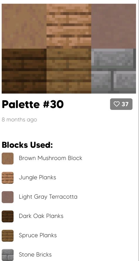 Minecraft Block Palette Aesthetic, Minecraft Building Palletes, Jungle Wood Color Palette Minecraft, Minecraft Block Palate, Minecraft Build Pallets, Minecraft House Palette, Minecraft Pallet Ideas, Mc Block Palettes, Color Palette Minecraft