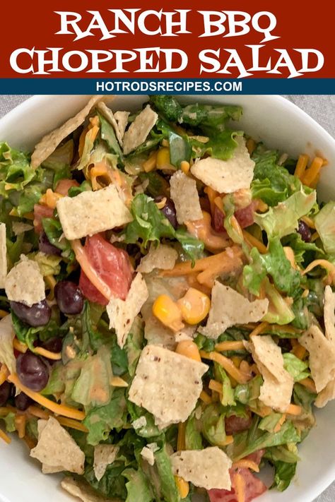 This Ranch BBQ Chopped Salad is packed full of flavor. So easy to make when you have very little time on your hands. Delicious! #ranchdressing #choppedsalad #blackbeans #cheddarcheese #hotrodsrecipes Bbq Chopped Salad, Gourmet Mac And Cheese, Green Snacks, Vegetarian Barbecue, Best Pasta Salad, Romaine Lettuce Salad, Keto Diet Food List, Lettuce Salad, Yummy Salad Recipes