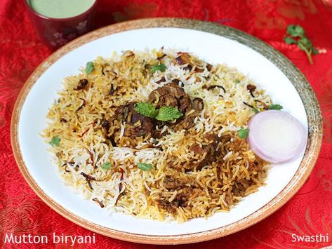 Mutton biryani recipe - Learn to make Hyderabadi pakki dum mutton biryani at home. Delicious, flavorful layered lamb biryani served with raita Keema Biryani, Hyderabadi Biryani Recipe, Mutton Biryani Recipe, Mutton Biryani, Biryani Rice, Marinated Lamb, Chicken Biryani Recipe, Mutton Recipes, Slow Cooked Lamb