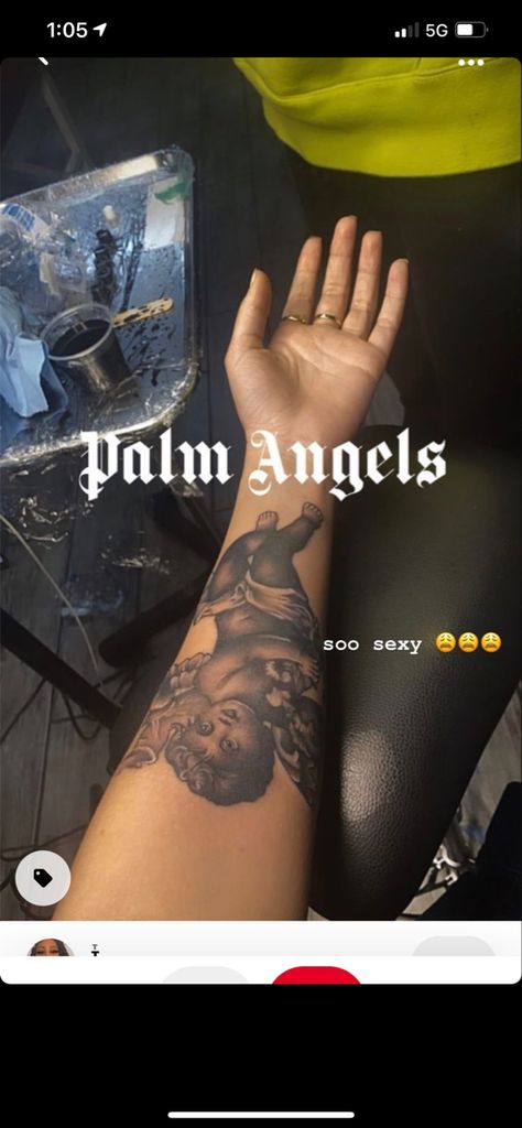 Palm Angels Tattoo, Palm Angel Tattoo, Angel Number Tattoo Black Women, Afro Angel Tattoo, Black Women Tramp Stamp, Black Woman Angel Tattoo, Angel Wings Tattoo On Back Black Women, Sternum Tattoo Black Women, Angel Tattoo For Women