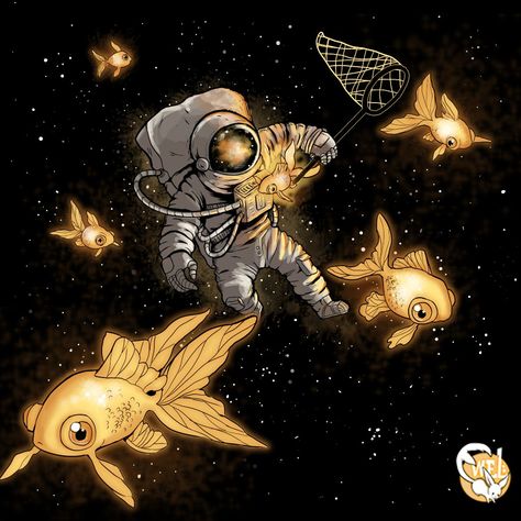 Golden fish in the space t-shirt Space Fish Art, Space Fish Tattoo, Golden Fish Drawing, Golden Sketch, Fish In Space, Astronaut Drawing, Astronaut Illustration, Halley's Comet, Day Of The Shirt