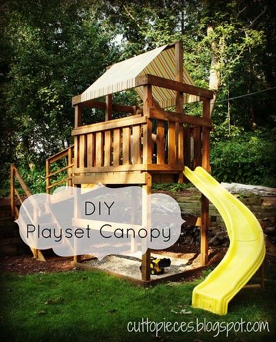 DIY Playset Canopy | How to replace your Playset Canopy blog… | Angela | Flickr Playset Remodel, Diy Play Set, Playset Makeover, Diy Playset, Backyard Playset, Play Area Backyard, Types Of Fabric, Build A Playhouse, Kids Indoor Playground