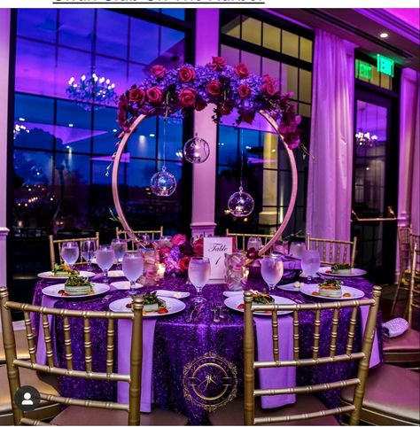 Purple Banquet Decorations, Dark Purple Party Decorations, 50 Shades Of Purple Party Ideas, 50 Shades Of Purple Birthday Party, Sweet 16 Party Ideas Purple, Sweet 16 Masquerade Party, Purple Wedding Reception, Purple Sweet 16, Purple Tablecloth