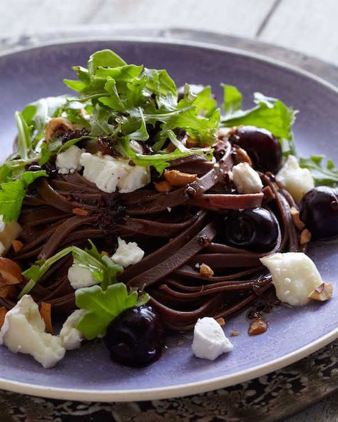 Chocolate pasta recipes enjoy being paired with sweet-centric flavors, such as a cherries and hazelnuts. A smoky goat cheese rounds it all out. Savory Chocolate, Turkey And Dumplings, Bbq Chicken Pasta, Chocolate Pasta, Goat Cheese Pasta, Stuffed Shells Recipe, Perfect Food, Goat Cheese, Recipe Collection