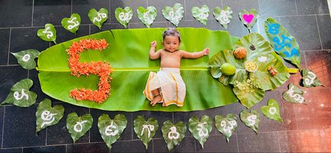 Ugadi Baby Photoshoot Ideas, Ugadhi Theme Baby Photoshoot, Ugadi Theme Baby Photoshoot, Gudi Padwa Baby Photoshoot, Ugadi Photoshoot For Babies, Monthly Photoshoot, Born Baby Photos, Leaf Decor Wedding, Baby Collage