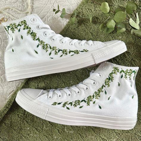 Sage Green Wedding Shoes, White Converse Embroidery, Embroidered Trainers, Sage Green Converse, Floral Wedding Shoes, Wedding Trainers, Embroidery Converse, Converse Embroidery, Cute Converse Shoes