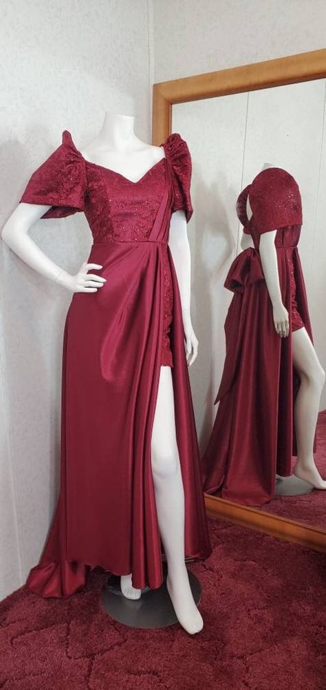 Handmade Burgundy Off-shoulder Crepe Satin with Lace detachable Filipiniana Sleeves. Style: One piece outfit Fabrics: Burgundy crepe satin, Burgundy lace Other materials: Plastic stick boning, bra cups, interfacing and pellon for the sleeves. Neckline: Off-shoulder Sleeve Style: Off-Shoulder sleeves with detachable Filipiniana/terno sleeves. Front details: Burgundy lace with pleated burgundy crepe satin Back Details: Zipper on the back of the dress Skirt details: Short skirt lace 18 inches from Filipiniana Dress Modern Philippines, Filipiniana Sleeves, Philippines Dress, Modern Filipiniana Gown, Modern Filipiniana Dress, Filipino Fashion, Modern Filipiniana, Filipiniana Dress, Gown Plus Size