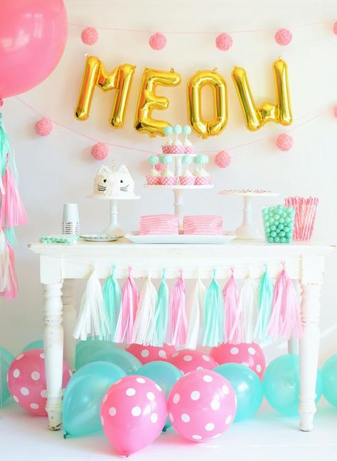 Pastel Colored Kitten Birthday Party Theme Decor - Children's Birthday Party Inspiration Pusheen Birthday, Kitten Birthday Party, Cat Themed Birthday Party, Kitten Party, Kitten Birthday, Cat Birthday Party, Party Projects, Childrens Birthday Party, Cat Party