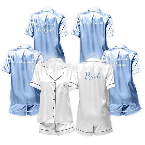 Baby blue satin pyjamas, bridesmaid pjs, wedding pj set, pyjamas for her, bridesmaid gift, personalised bridal party pjs, hen weekend pjs Luxury satin personalised bridal party pyjamas personalised with a bridal party role and optional name on shorts. Print Process: *These pyjamas are printed using high quality vinyl and a commercial heat press  conforming to OEKO-TEX standards These luxury pyjamas consist of a button up piped shirt and elasticated waist shorts Available in sizes: Small - UK8 Medium - UK10-12 Large - UK12-14 XL - UK16 Available in colours: Champagne Navy Light Pink Black Light Blue Choice of print colours to include our luxury non shed glitters. Please message me if you have any questions. Thank you Julie xx