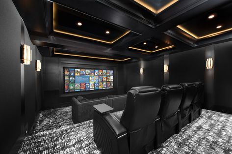 Black and Gold — Lex Home Tech Black And Gold Basement, Black And Gold Movie Room, Black Theater Room, Black And Red Theater Room, Red And Black Home Theater, Mansion Movie Theater, Theater Rooms, Home Theater Room Design, Theater Room Design