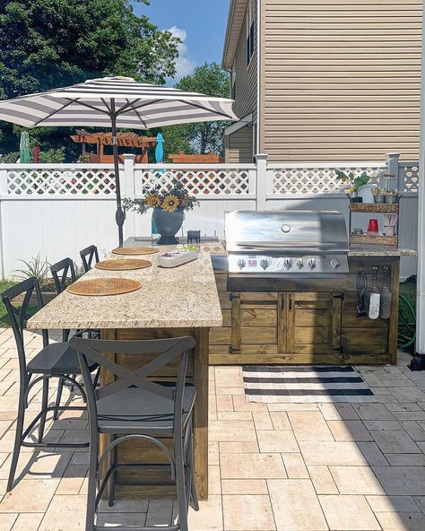 patio, umbrella, shade, style Outdoor Kitchen With Umbrella, Outdoor Corner Grill Area, Backyard Patio Bbq Designs, Backyard Patio Grill Area, Bbq Patio Ideas Backyards, Grilling Areas On Patio, Bbq Station Ideas Backyards, Grill Bar Outdoor Patio, Patio Grill Ideas