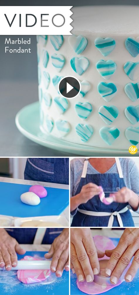 Watch this video and learn how to combine multiple colors of fondant for a unique and contrasting marbled effect to use on your decorating projects! This technique can be used for projects big and small like covering a cake or adding small accents to cupcakes.  #wiltoncakes #fondant #fondantechniques #fondantdecorating #fondantideas #beginner #cakedecorating easy #cookiedecorating #icingcolors #youtube #howto #tutorial #homemade #cakedecorator #videos Easy Fondant Cakes For Beginners, Marbling Fondant Tutorial, How To Use Fondant For Beginners, Simple Fondant Cake Design, Marble Fondant Cookies, Marble Fondant Cake Tutorial, Easy Fondant Decorations, Marble Fondant Cake, How To Color Fondant With Food Coloring