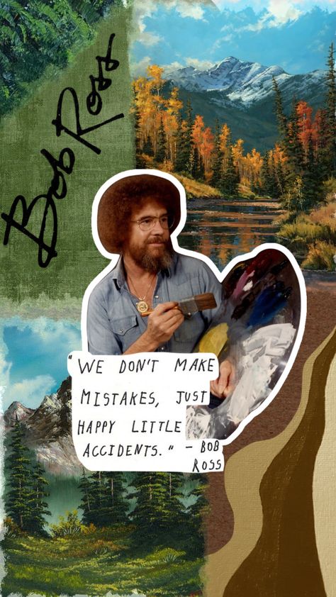 #artist #bobross #painting #wallpaper #collage #nature #landscape #vintage #quotes Bobross Bob Ross Paintings, Bob Ross Aesthetic, Bob Ross Wallpaper, Hexagon Ideas, Bob Ross Quotes, Tiktok Wallpaper, Collage Nature, Salted Granola, Movie Collage